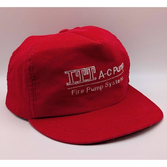 Vintage ITT A-C Pump Red Corduroy Snapback Trucker Hat Cap VTG 80s Fire Pump - Picture 1 of 4